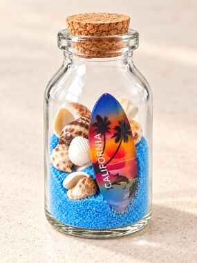 California Souvenir Blue Sand & Seashell Glass Bottle